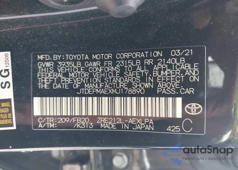 2021 Toyota Corolla Le z USA, uszkodzony, nr VIN JTDEPMAEXMJ178890